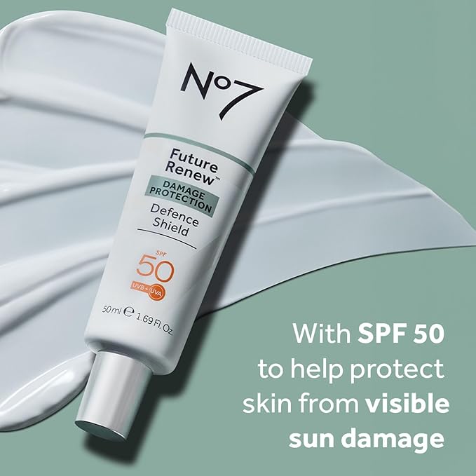 No7 Future Renew Defense Shield - Oil Free Facial Moisturizer & Sunscreen for Face with SPF 50 - Invisible & Lightweight Face Lotion with Peptides & UV Protection (1.69 fl oz)