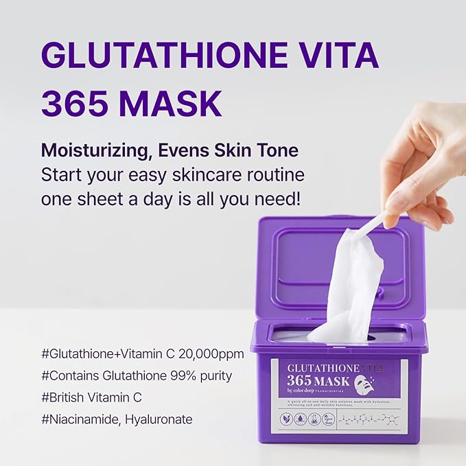 Color Deep Glutathione Vita 365 **Facial Sheet Mask** (30 Count) | Daily Hydrating Vegan Mask with Glutathione, Niacinamide & Vitamin C Complex for Radiant Skin