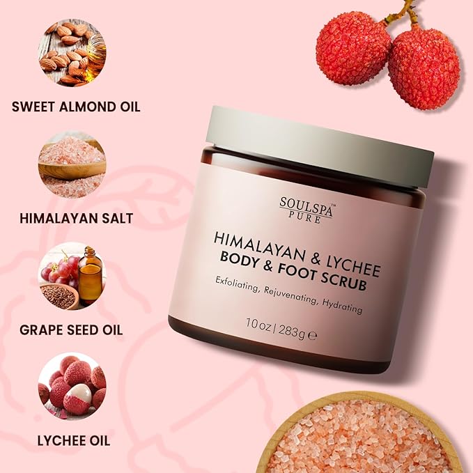 SOULSPA PURE Himalayan Foot & Body Scrub - Luxurious Himalayan Pink Salt Scrub & Mineral Rich Exfoliating Body Scrub for Refreshed and Radiant Skin, 10 oz