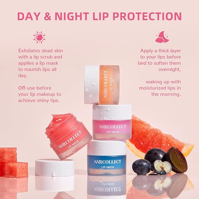 ANRCOLLECT Lip Care Set - Exfoliating Scrub + 3 Overnight Masks for Soft, Hydrated Lips, 4-Pack Gift Set
