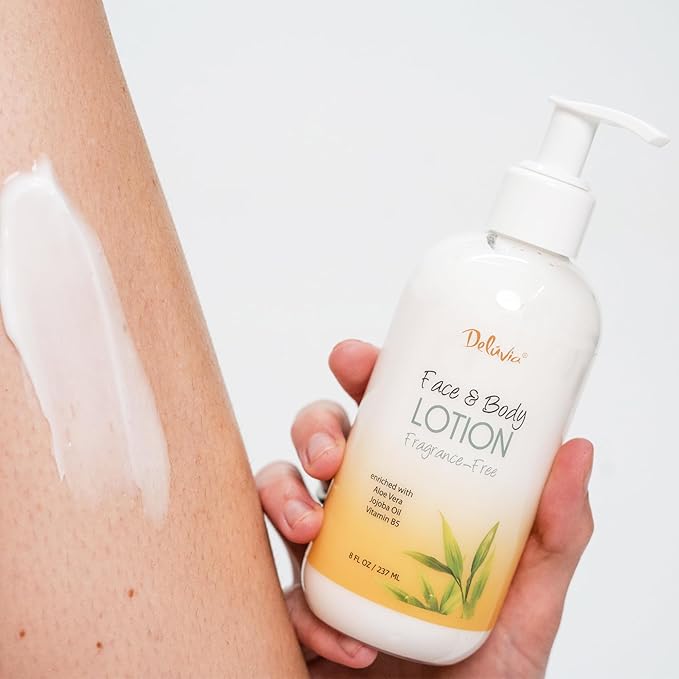 Deluvia Moisturizing Body Lotion & Face Lotion, 8oz with Organic Aloe Vera, Shea Butter, Organic Jojoba Oil, Vitamin E & B5. Daily Skin Moisturizing Lotion For Dry Skin, Great For All Skin Types.