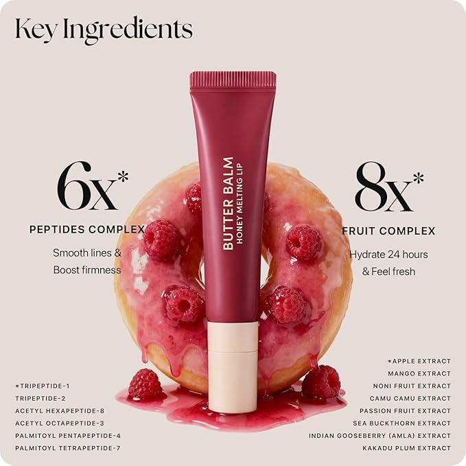 Nature Republic Honey Melting Lip Butter Balm – Hydrating Tinted Plumping Lip Balm with Peptides, for Sheer & Glossy, Fuller-Looking Lips (RASPBERRY GLAZE)