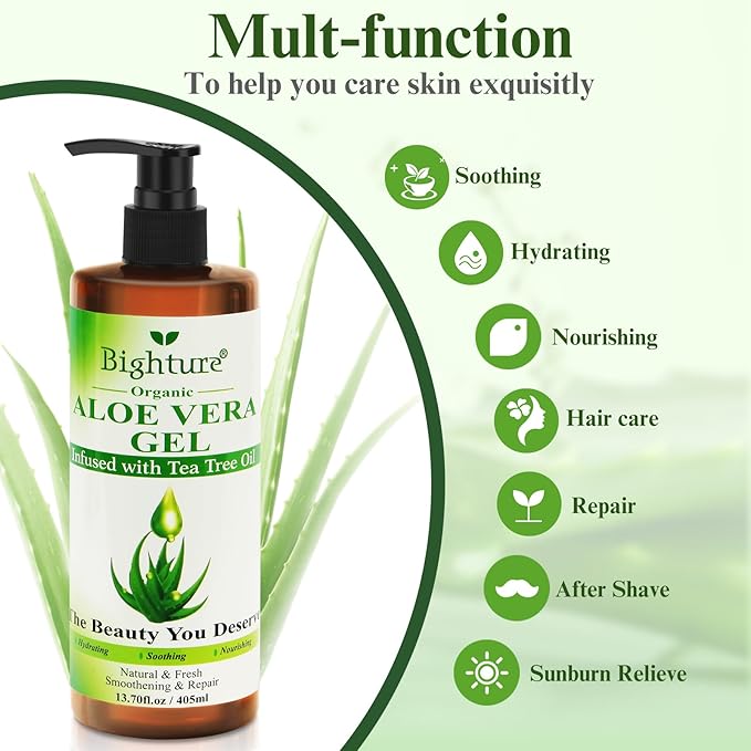 Aloe Vera Gel with Tea Tree Oil for Face, Skin, Hair, Sunburn relief, Aloe Vera Gel from Freshly cut 100% Pure Aloe,13.7oz