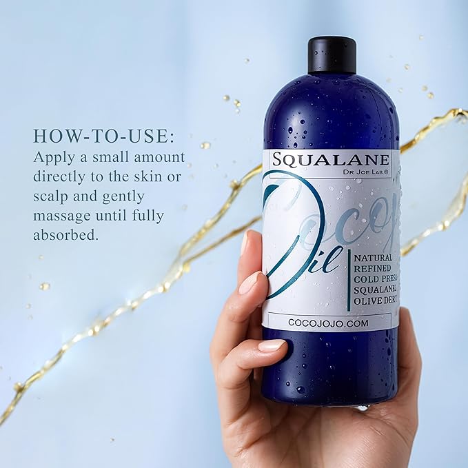 Dr Joe Lab Squalane Oil Pure Plant Derived Refined Cold Pressed Squalene From Olives Vegan Undiluted Bulk Carrier Oil for Face Skin Hair Body Cosmetics Natural Cleanser Moisturizer (16 oz)
