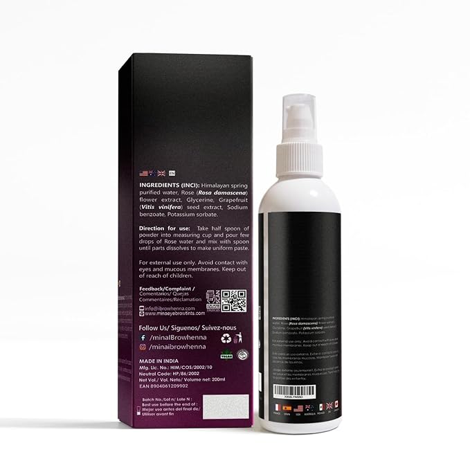 Mina Rose Water Facial Toner And Eyebrow Henna Tint Fixing Solution | Organic, Refreshing Natural Rose Water | 200ml