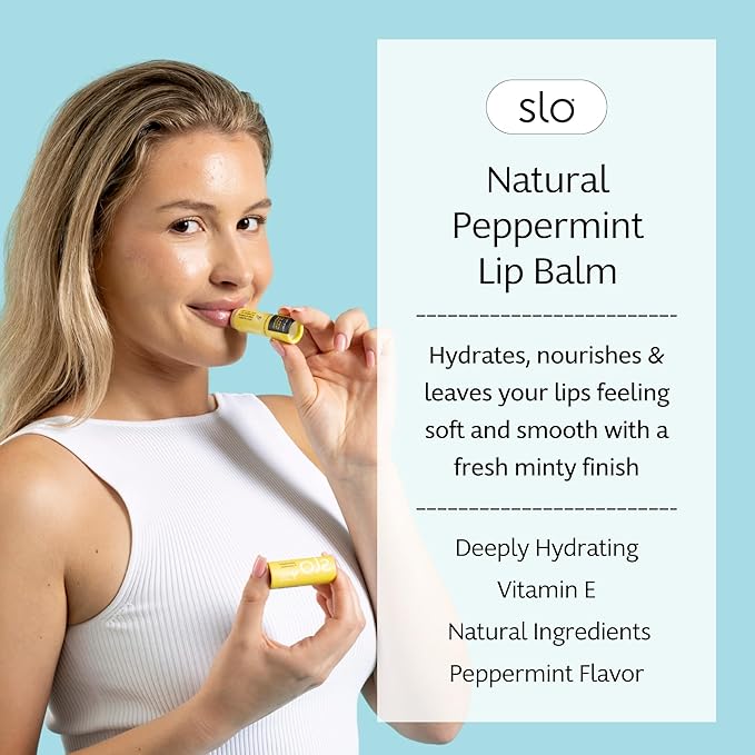 Slo | Natural Lip Balm - All Natural Ingredients, Vegan & Cruelty Free, Hydrating & Soothing, Plastic Free, Paper Packaging | Peppermint + Vitamin E, (0.28oz/8g)