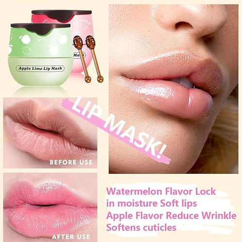 2 PCS Apple Lime Lip Mask, Vitamin E Strawberry & Watermelon & Honey Lip Sleeping Mask Propolis Moisturizing Lip Balm with Stick, Repairs And Prevents Chapped Lips (Apple Lime & Watermelon)