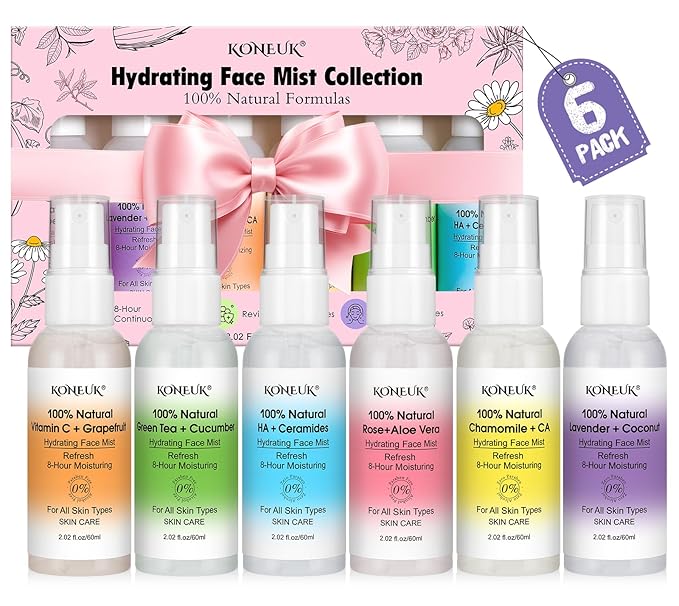KONEUK Skincare Refreshing Face Mist Kit-Long Hydration and Soothing Facial Spray for Glowing Skin Care, Mini Face mist Gifts for Women, Mothers Day Gifts, Teacher Gifts, Trave Size2.02 fl oz 6 Pack