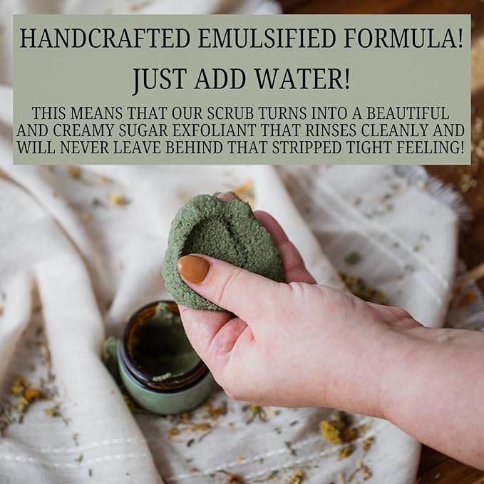 Emulsified Face Sugar Scrub, Organic squalane oil/Castor oil: Tremella Mushroom/Chamomile/Gotu Kola/Calendula/White Kaolin Clay, Manuka Honey-Gentle exfoliant-Dry/Sensitive/Mature skin (RENEW)