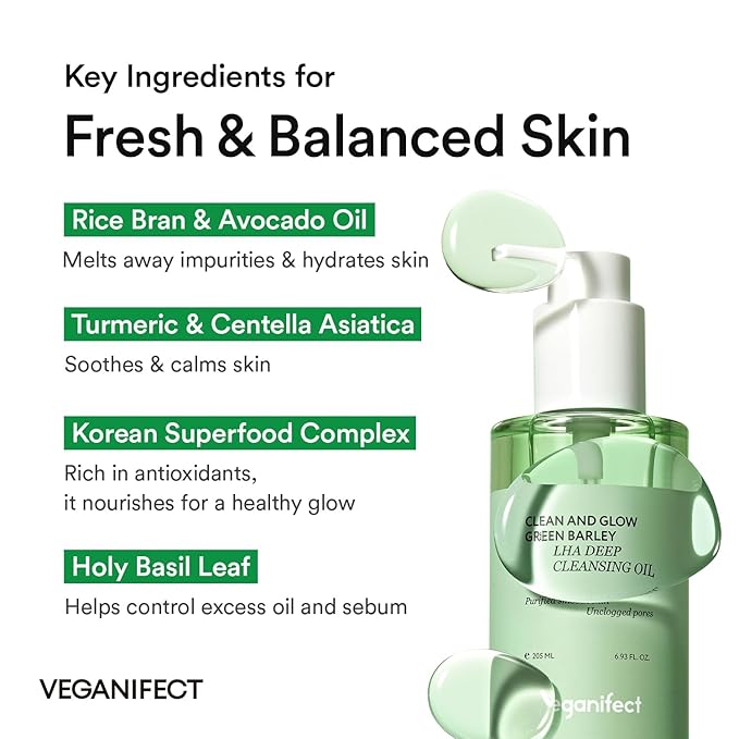 VEGANIFECT Hydrating Light Cleansing Oil for Sensitive Skin, Waterproof Makeup Remover & Blackhead Cleaner with Rice Bran Oil, Turmeric, and Centella Asiatica, Korean Skin care (205ml/6.93 fl oz)