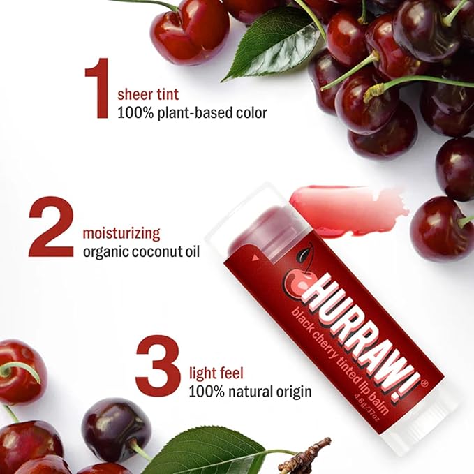 Hurraw! Black Cherry Tinted Lip Balm, 5 Pack: (Sheer Red Tint) Organic, Certified Vegan, Cruelty and Gluten Free. Non-GMO, 100% Natural Ingredients. Bee, Shea, Soy and Palm Free. Made in USA