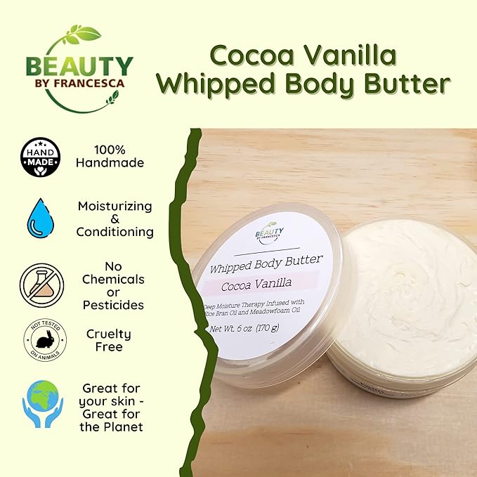 Handmade Whipped Body Butter Cocoa Vanilla - 100% All Natural Ingredient Hydrating Moisturizing Body Cream with Essential Oils For Men and Women, 3 Oz