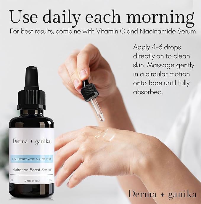 Derma ganika Hyaluronic Acid Serum for Face & Neck - Made in USA Ultra-Hydrating Anti-Aging Serum with Aloe Vera | Softens, Smooths, and Brightens Dry & Sensitive Skin