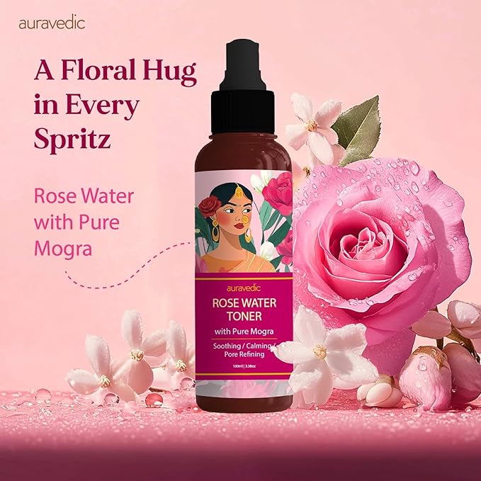 Auravedic Rose Water Toner Spray for Face | Natural Facial Mist for Glowing Skin with Damask Rose | Hydrates, Soothes & Clarifies | Maintains Skin's pH | 3.38 Fl Oz (100ml)
