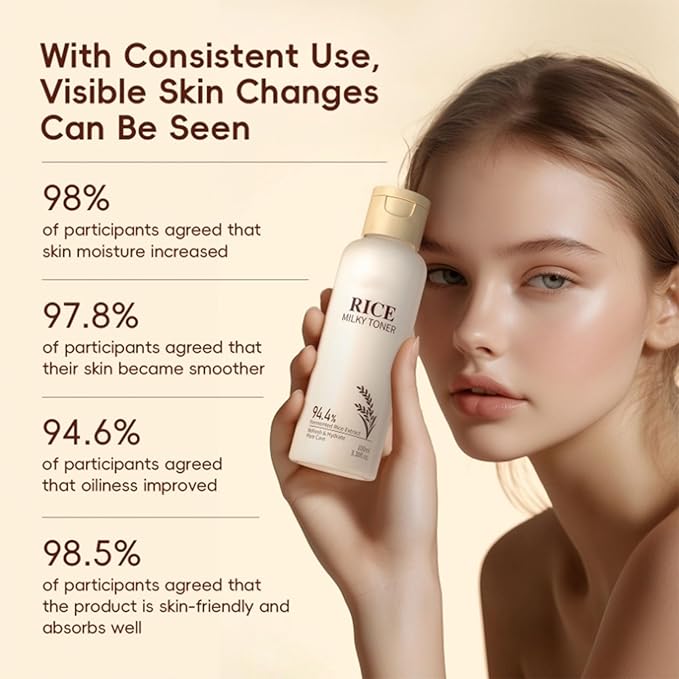Rice Toner, Natural Rice Essence, Deep Hydration, Refreshing Texture and Non-Sticky, Suitable for All Skin Types, Replenishes Water to The Skin.