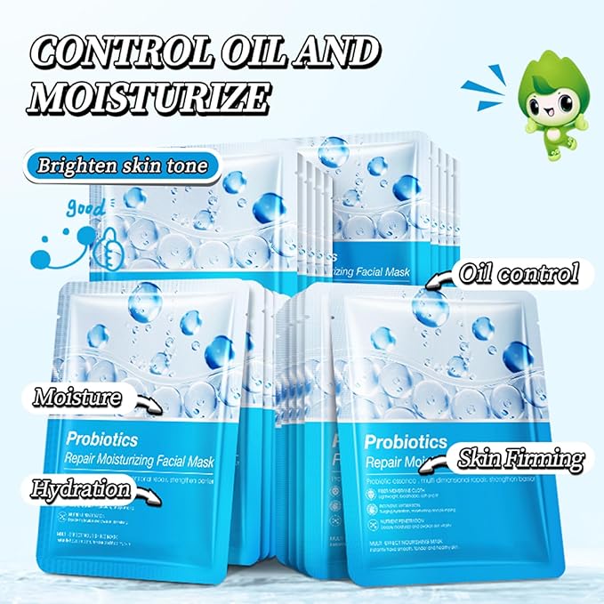 Hydrating Facial Mask Sheet Set of 5, Moisturizing Face Mask for Smooth and Supple Skin, Refreshing Self Care Beauty Probiotics One Size