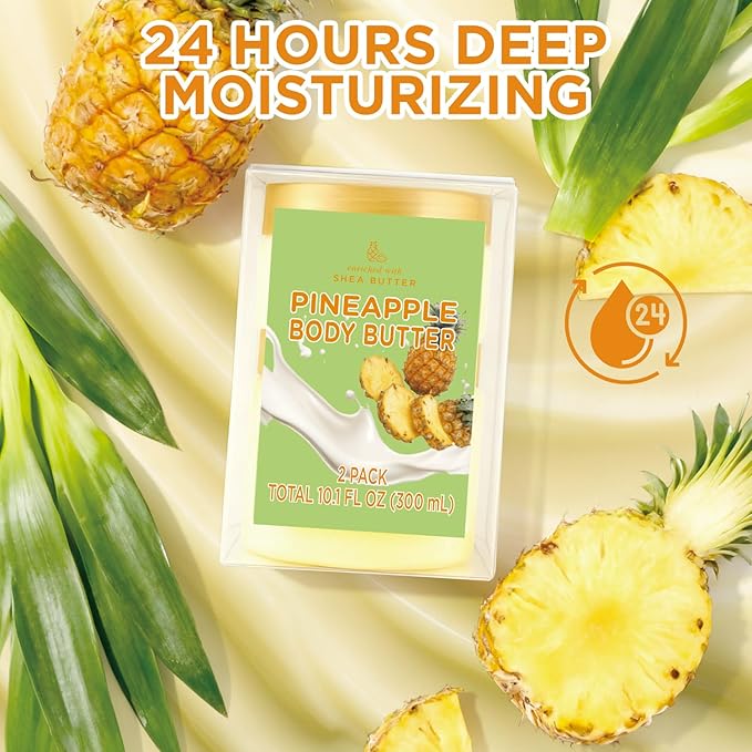 Pineapple Body Butter, Shea Body Butter for Women Dry Skin, Natural Pineapple Lotion for Body Care Smell Good-3.4 floz+6.8 floz(100ml+200ml)