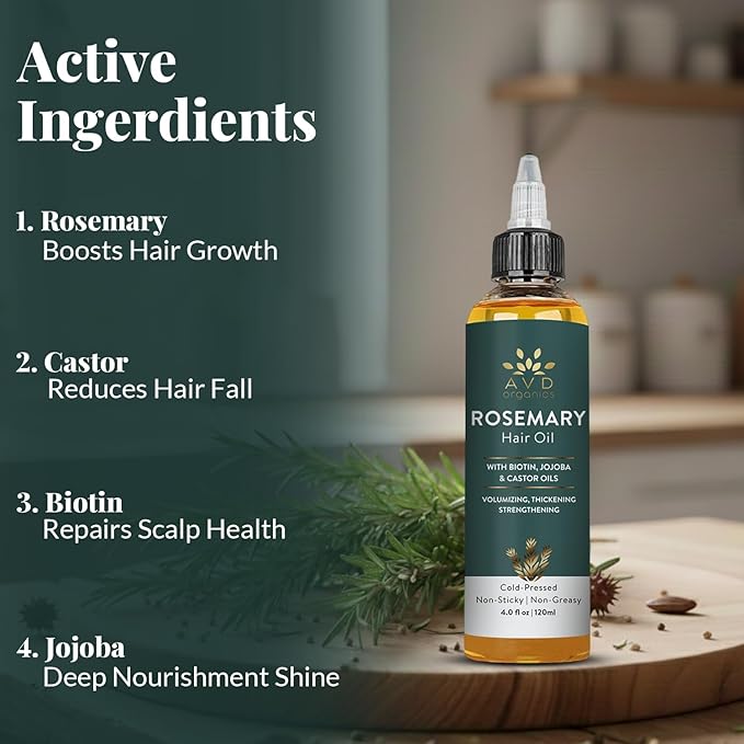AVD Organics Rosemary Oil for Hair Growth & Scalp | Infused with Boitin | Hair Stregthening Nourishing and Volumizing | Infused with Jojoba & Castor Oil | Non - GMO 120ml