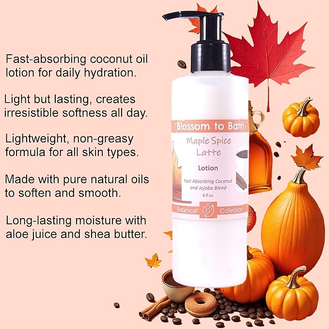 Blossom to Bath Maple Spice Latte Lotion (8 Ounce) - Natural Fragrance - Absorbs Quickly with a Pumpkin Spice Latte Scent
