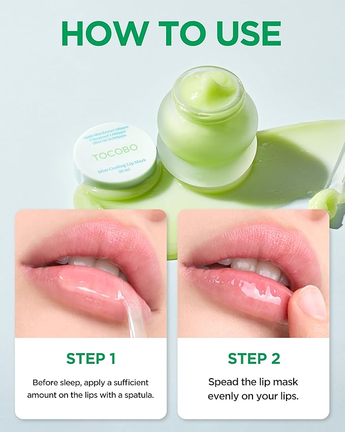 TOCOBO Mint Cooling Lip Mask – Cooling Relief Lip Sleeping Mask for Dry, Irritated Lips – Apple Mint + Tea Tree-Derived 4-Terpineol & Olive Oil – Soft Melting Texture, Fresh Herb Scent, 0.68 oz.