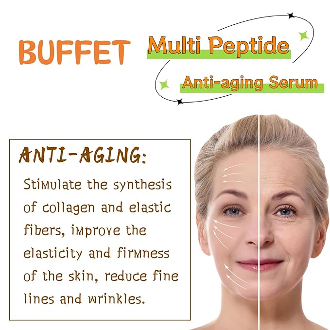 Buffet Multi-Technology Peptide Facial Serum, Peptide Serum Containing Hyaluronic Acid and Amino Acids, Suitable for Anti-aging, Firming Skin, Moisturizing, Polypeptide Facial Serum, 30ML/1FI OZ