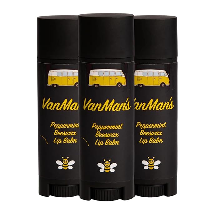 VanMan Beeswax Lip Balm Tube – Organic Beeswax with Coconut and Sweet Almond Oils, Lanolin, and Peppermint Oil – Hydrating Moisturizer for Dry Lips – Peppermint – 3 Tube Pack