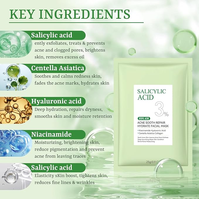 Anti Acne Face Mask Salicylic Acid Face Masks Skincare, Hydrating Face Masks, Soothing Facial Sheet Masks Skin Care for Acne Prone, Acne Mask for Pimple Breakouts Oil Control, 10 Pack