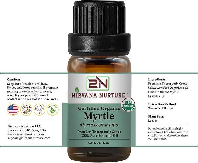 Myrtle Essential Oil, USDA Certified Organic, 100% Pure Undiluted, Aromatherapy Oil for Diffuser, Hair & Skin Care