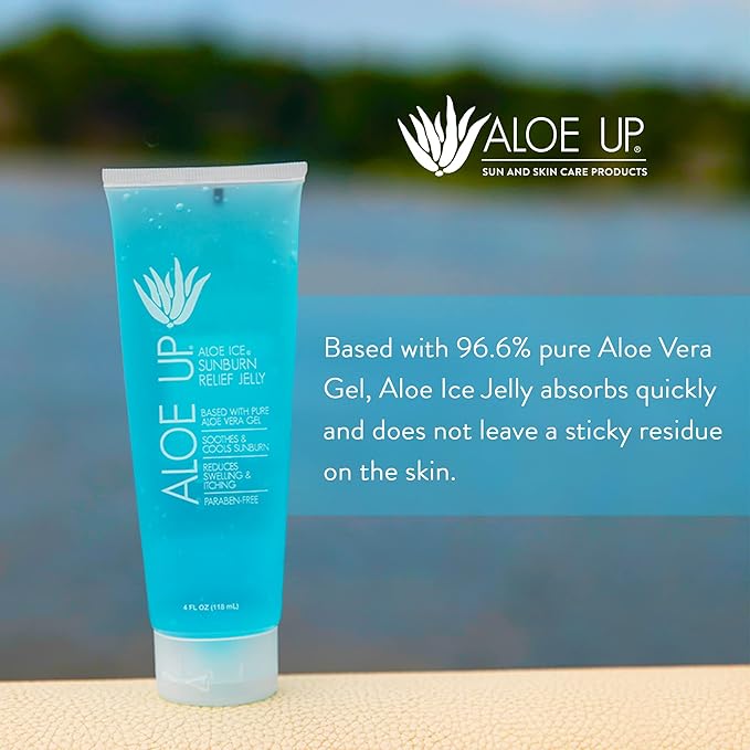 ALOE UP Aloe Vera Gel for Sunburn Relief – Cooling After Sun Jelly for Face & Body – 96.6% Pure Gel – Reef Friendly, Water Resistant for up to 80 Minutes, Alcohol & Fragrance Free – 4 Oz