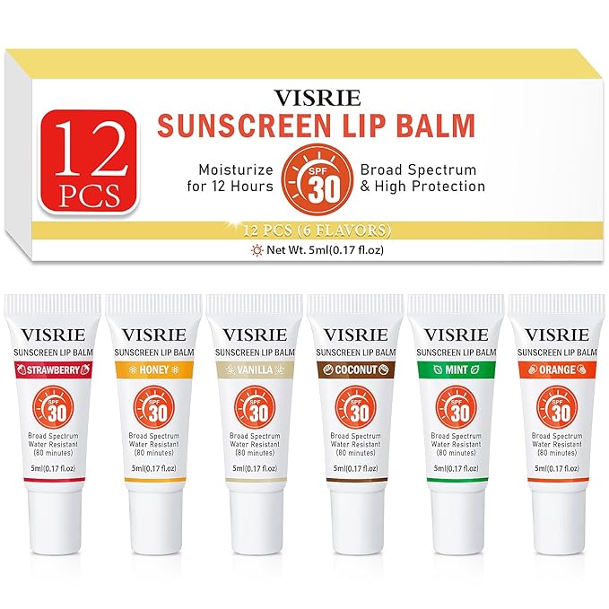 VISRIE SPF 30 Sunscreen Lip Balm 12 Pack,Clear SPF Lip Gloss UVA/UVB Sun Protection, Moisturizing Lip Sunscreen with Vitamin E and Shea Butter, Travel Sunscreen for Lips