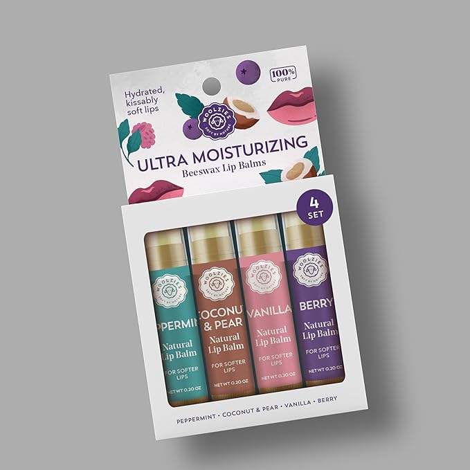 Lip Balm Set: All-Natural Shea Butter, Beeswax, Coconut Oil, Vitamin E Infused Lip Moisturizer Care (4 Pack, Ultra Moisturizing)