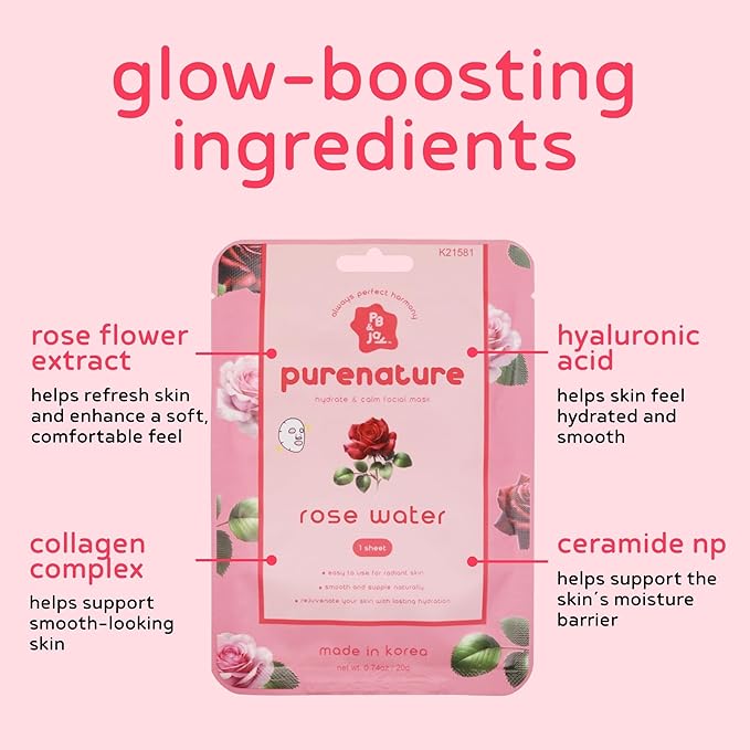 PB & JAY Purenature Facial Mask – Premium Quality Korean Sheet Mask for Soft, Calm Skin – Korean Collagen Essence Hydrating Facemask Sheet (Rose Water)
