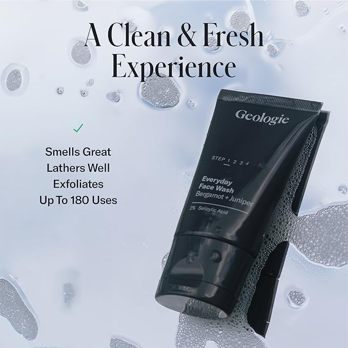 Geologie 2% Salicylic Acid Face Wash Bergamot + Juniper Scent | Facial Cleanser for Men & Women | Acne & Oil Control | Deep Cleansing & BHA Exfoliating Face Wash | 4-Pack