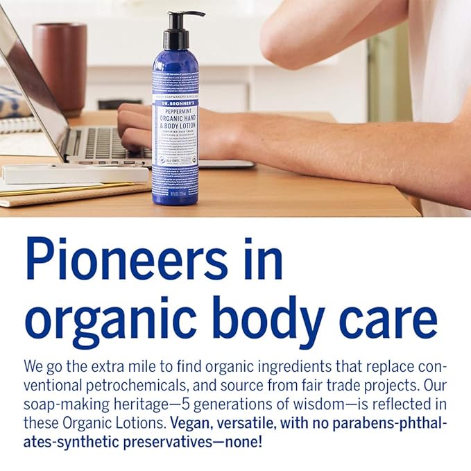 Dr. Bronner's Organic Lotion (Peppermint, 8 Ounce) – Organic Moisturizer for Hands, Face & Body – Vegan, Non-GMO