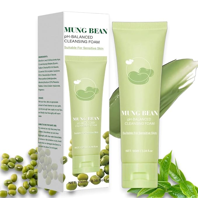 Mung Bean Foam Cleanser, pH-Balanced Purifying Face Wash, Gently Cleanses Excess Oil & Dirt for Smooth, Refreshed Skin, Daily Facial Cleanser for Oily & Combination Skin
