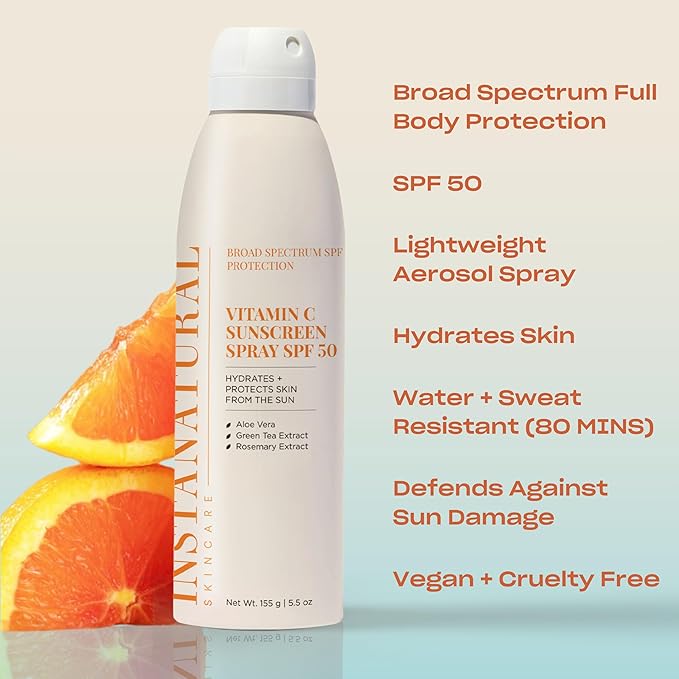 InstaNatural Skin Care Vitamin C SPF 50 Broad Spectrum Sunscreen Spray, Brightens & Hydrates, UVA, UVB Sun Protection Sunblock, with Aloe Vera & Botanicals, Aerosol Bottle, 5.5 Fl Oz (Pack of 2)