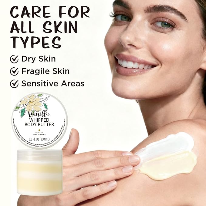 Vanilla Whipped Body Butter, Shea Body Butter for Women Dry Skin, Natural Vanilla Lotion for Body Moisturizer-Deep Moisturizing and Softening-3.4 floz+6.8 floz(100ml+200ml)