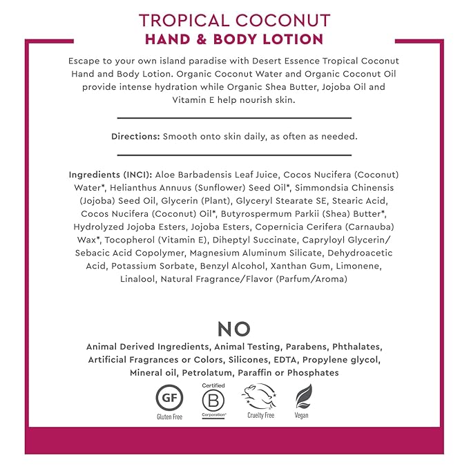 Desert Essence, Tropical Coconut Hand & Body Lotion 8 fl. oz. - Gluten Free - Vegan - Cruelty Free - Coconut Oil, Jojoba Oil & Vitamin E - Intense Hydration