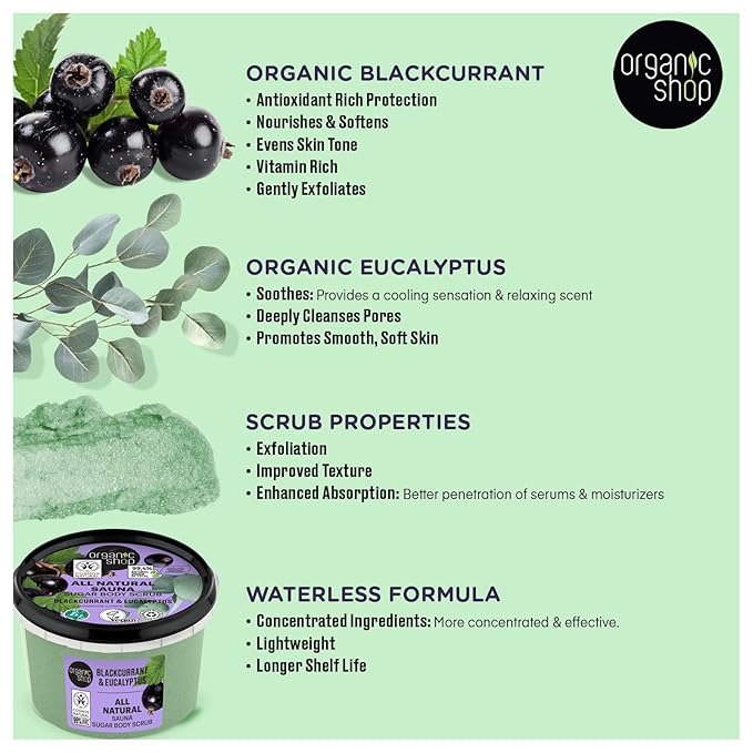 Organic Shop Eucalyptus & Blackcurrant, Sugar Softening & Exfoliating Body Scrub, 100% Vegan & Organic, Daily Exfoliant, Detox & Moisturizer, Body Intensive Care & Skin Toning. 250ml.