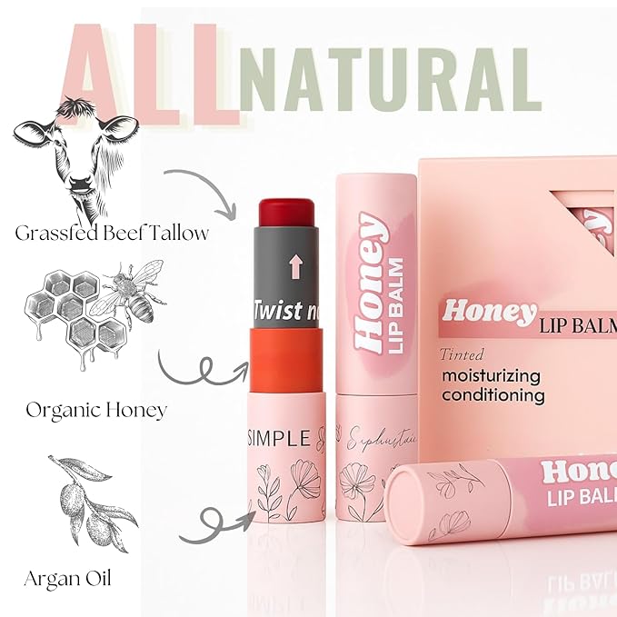 Natural Honey Lip Balm - 100% Grassfed Beef Tallow, Natural Raw Honey & Argan Oil - Ultra Moisturizing, Conditioning, Chemical Free - 3 Pack (3x0.15 oz) Tinted