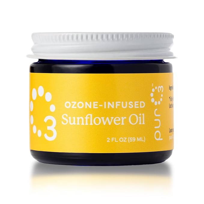 PurO3 Ozonated Sunflower Oil – Pure, Natural, Organic Skincare for Face & Body – Oxygenated Healing Lotion, Moisturizer & Beauty Cream in a Glass Jar – O3 Therapy Salve, 2 oz