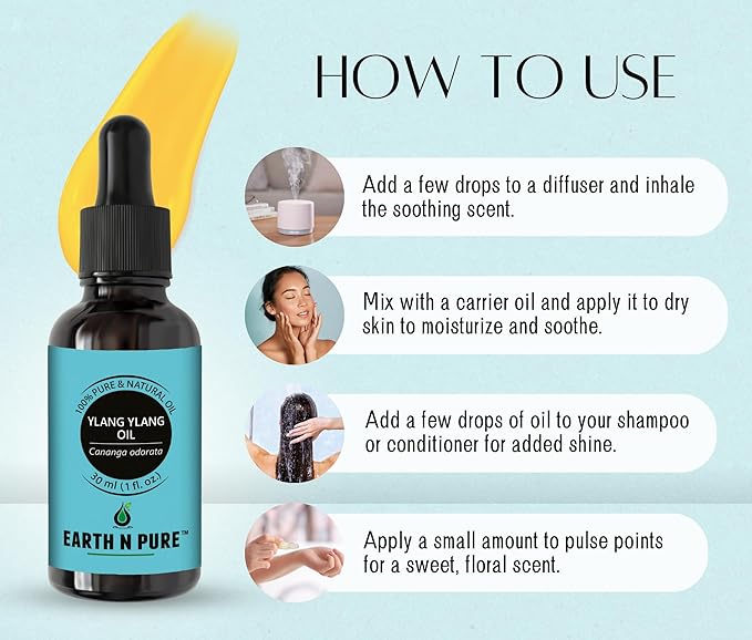 Earth N Pure Ylang Ylang Essential Oil Natural and Therapeutic Grade for Aromatherapy, Hair Care and Skin Care with Glass Dropper 30 ml