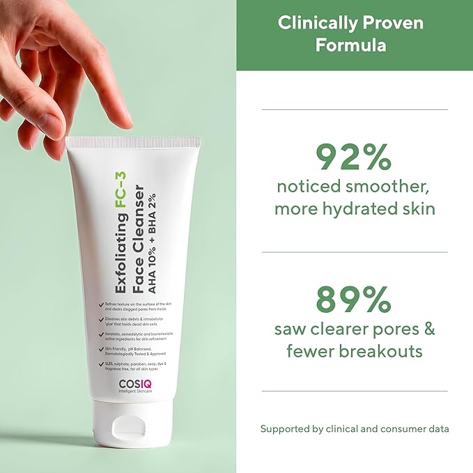 Cos-IQ Exfoliating Face Wash for Oily & Dry Skin | 2% Salicylic Acid BHA & 10% Glycolic Acid AHA | Sulphate-Free Anti-Acne Face Cleanser for Acne, Pimples, Skin Brightening, Dirt & Oil Control | 100ml