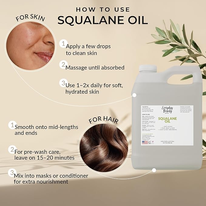 Squalane Oil Bulk- 32 oz 100% Pure & Natural Plant Derived Facial Oil - Cold Pressed and Unrefined Premium Grade Multipurpose Moisturizing Oil For Skin and Hair