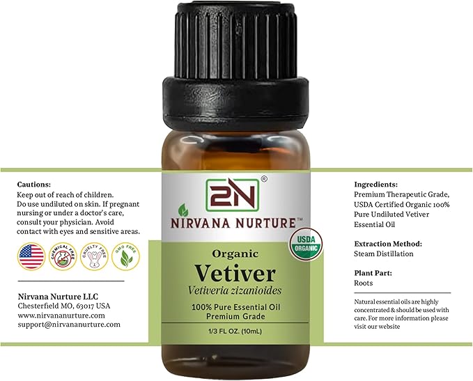 Vetiver Essential Oil, USDA Certified Organic, 100% Pure Undiluted, Aromatherapy Oil for Diffuser, Hair & Skin Care