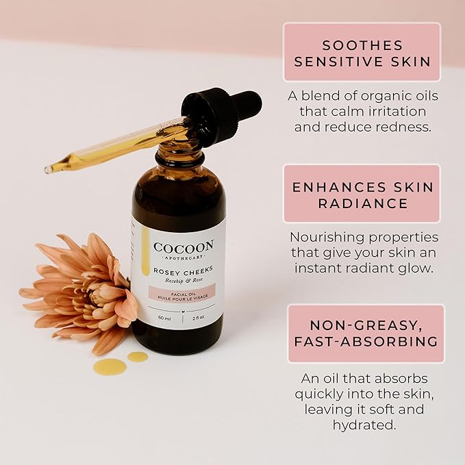 Cocoon Apothecary 2 fl oz Rosey Cheeks Facial Oil Serum | Ecocert Cosmos Natural | Facial Serum For Women, Dry Skin, Natural Ingredients Avocado Oil, Camellia Seed Oil, Rosehip CO2, Rose Absolute