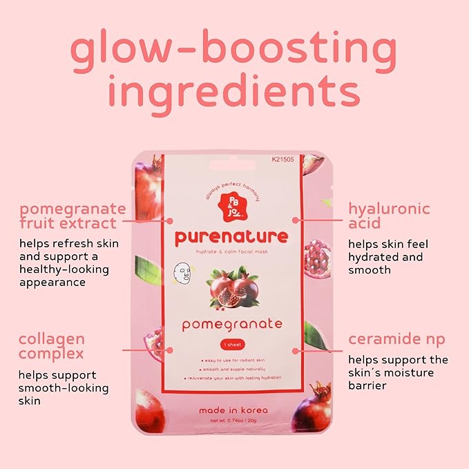 PB & JAY Purenature Facial Mask – Premium Quality Korean Sheet Mask for Dry Skin – Korean Collagen Essence Hydrating Facemask Sheet (Pomegranate)