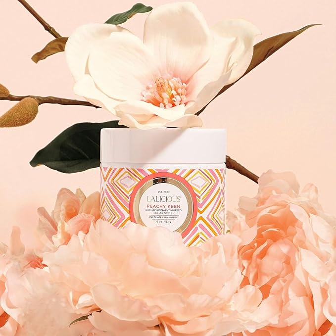 LALICIOUS Peachy Keen Extraordinary Whipped Sugar Scrub - Limited Edition Exfoliating Body Scrub with Creamy Peach & Jasmine Petals for Spring (16oz)