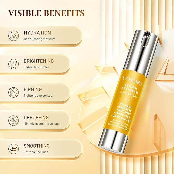 Retinol Eye Cream for Eye Bags - Rapid Under Dark Circles,Wrinkles, Fine Lines, Puffiness | Hydrating Anti-Aging Moisturizer Skin Care, Christmas gifts for Women and men 0.67 fl oz (Yellow)