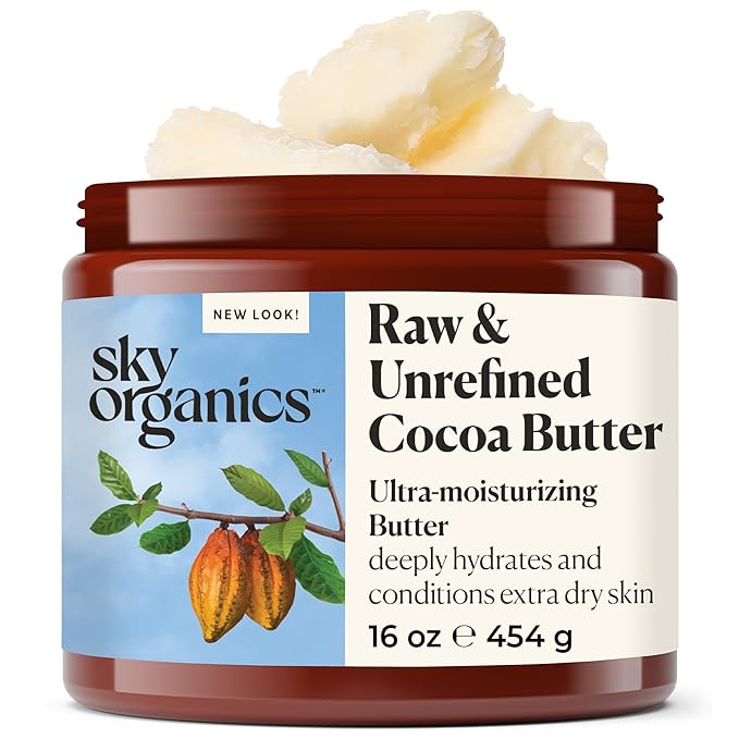 Sky Organics Raw Cocoa Butter for Body (16 oz) 100% Pure & Unrefined Solid Butter - Deeply Hydrates & Conditions Very Dry Skin - Promotes Smooth Tone & Texture - Suitable for Tight or Extra Dry Skin